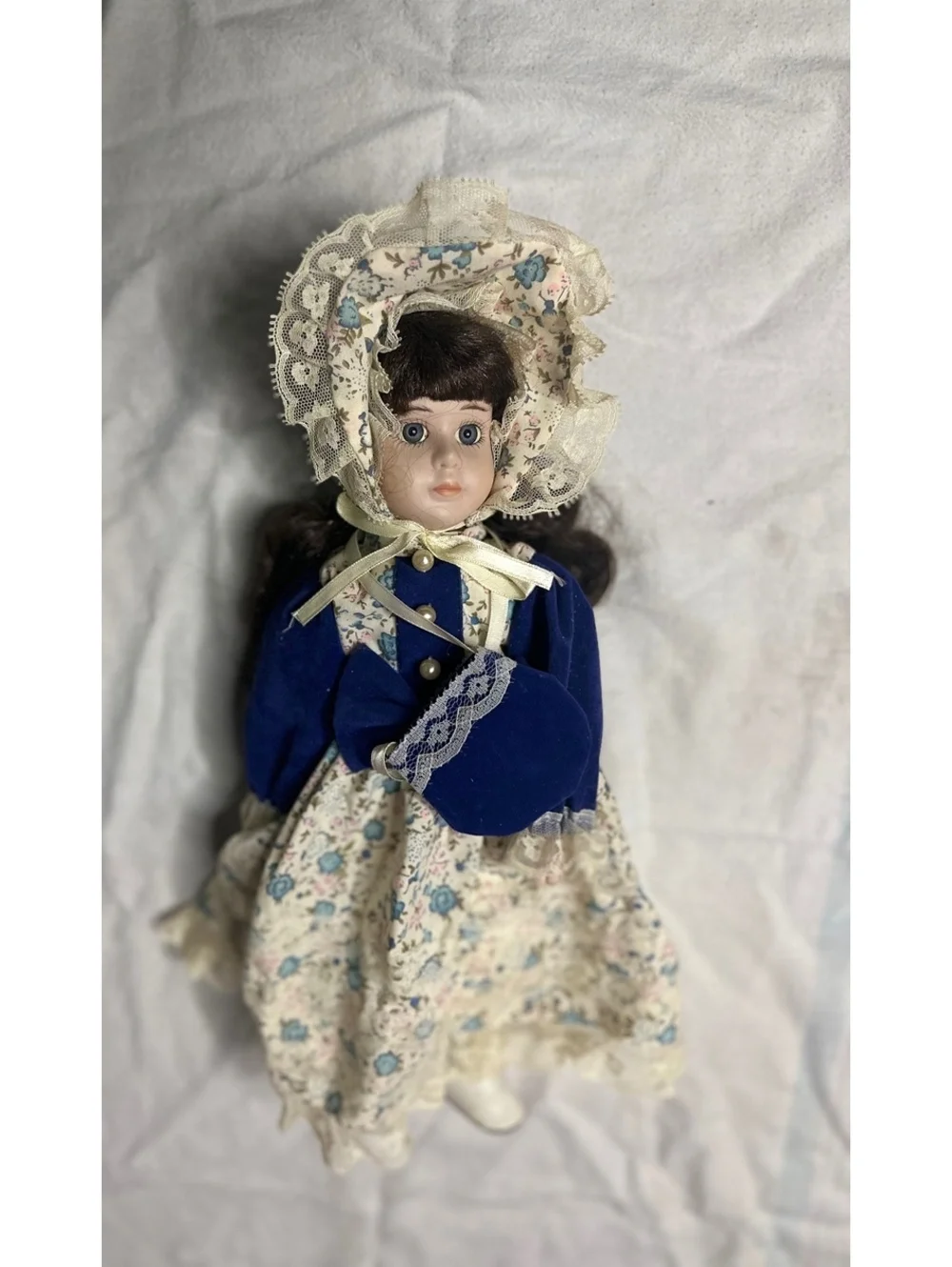Vintage Porcelain Doll in Blue Velvet and Floral Dress with Lace Trim